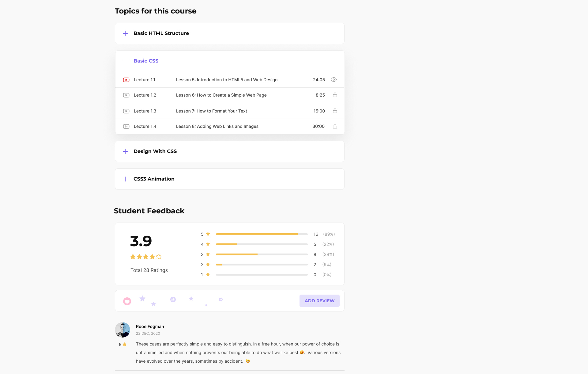 Course Details Page (Topics list & Review)