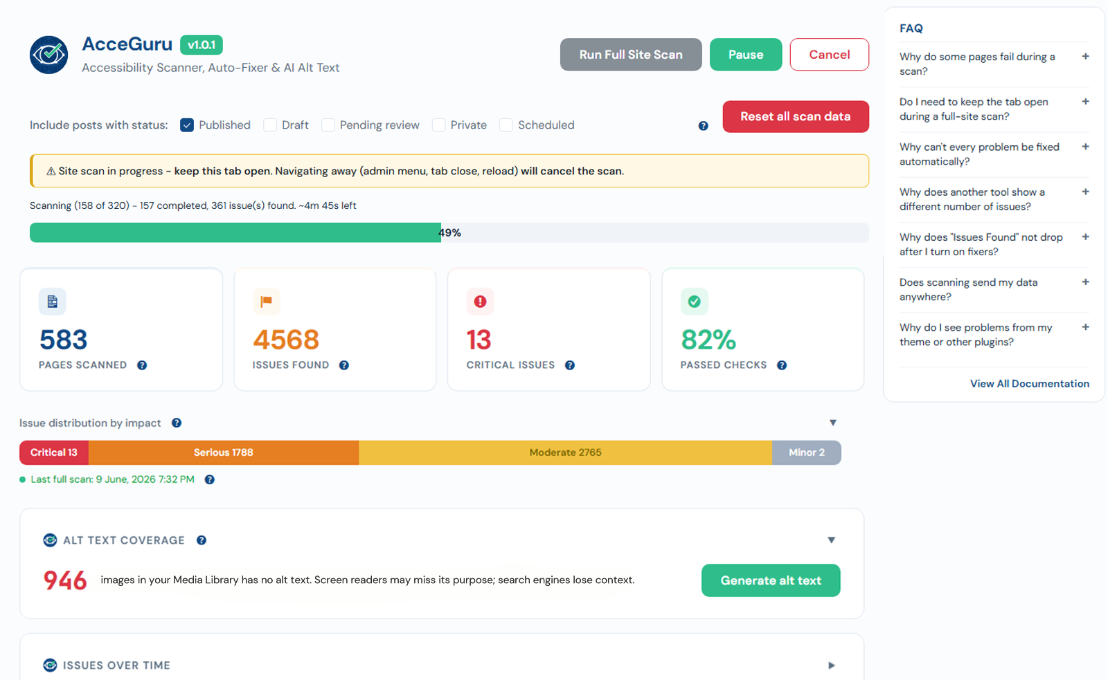 Site-wide scan dashboard with top offending pages and most common issues.