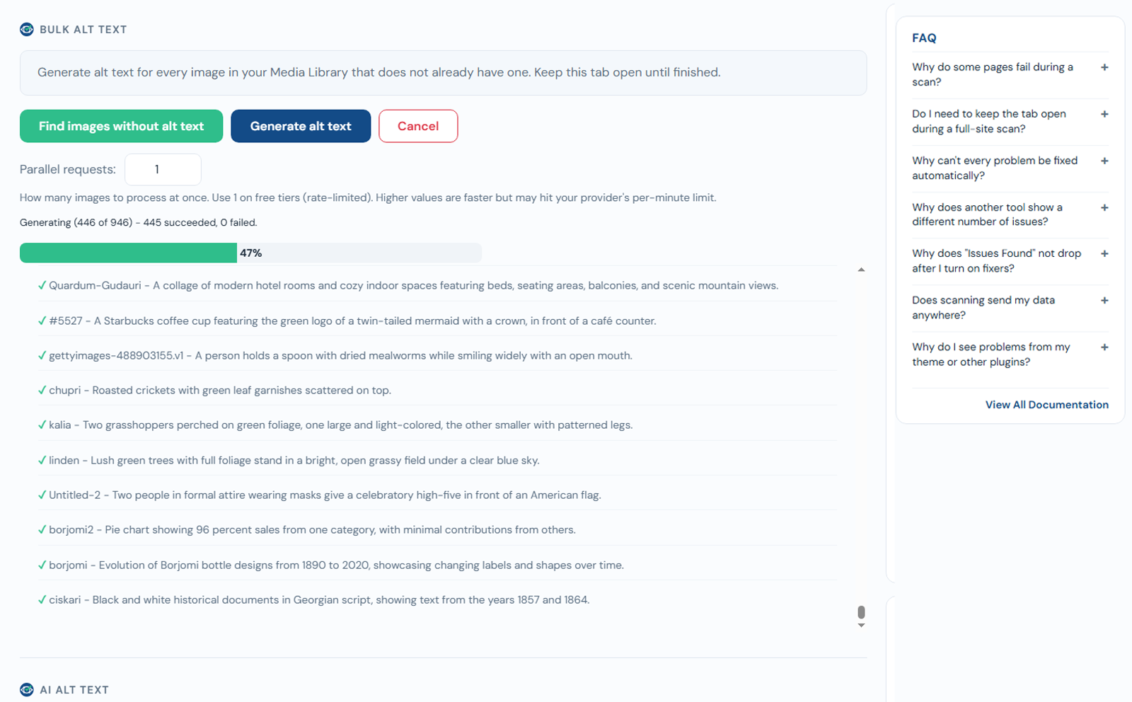 Bulk AI alt-text generation across the Media Library.