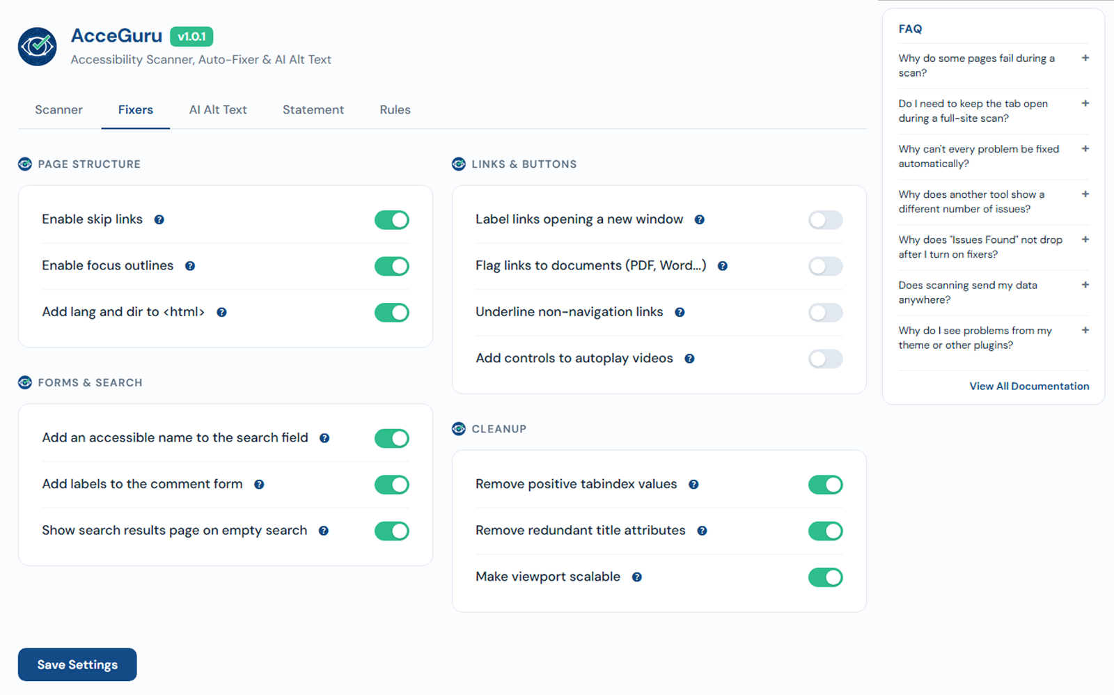 Settings screen with toggleable fixers and AI provider selection.
