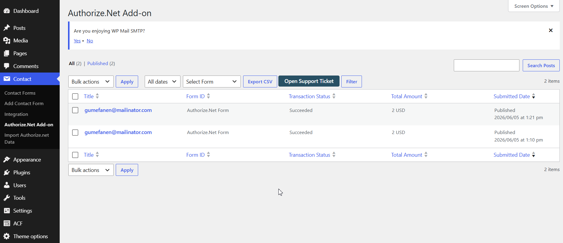 Authorize.NET Payment List Page