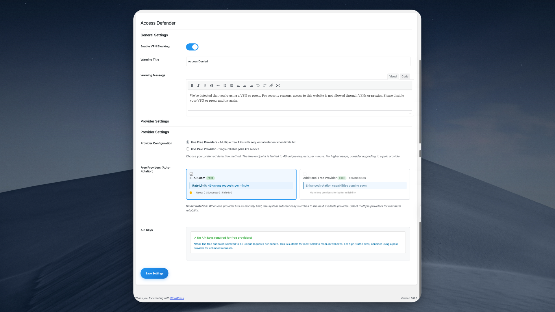 Main Settings Dashboard - Configure providers and customize block messages