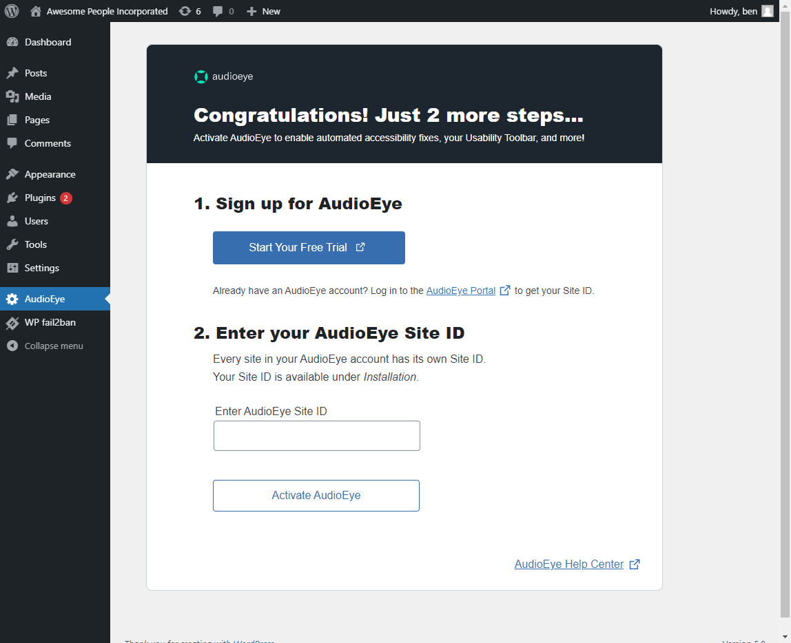AudioEye activation screen - sign up for a new AudioEye account or add an existing AudioEye Site ID