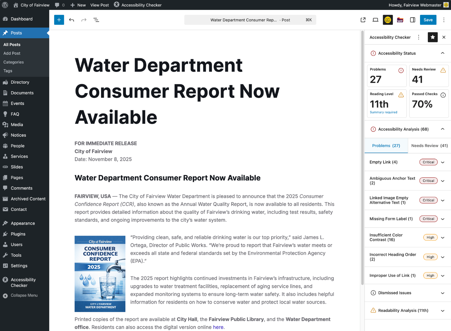 WordPress post editor showing the Accessibility Checker sidebar panel expanded reporting 27 problems, 41 Needs Review, 11th grade reading level and a Passed Checks score of 70%. Issues identified include empty links, ambiguous anchor text, linked image empty alternative text, missing form label, insufficient color contrast, incorrect heading order, and improper use of link.