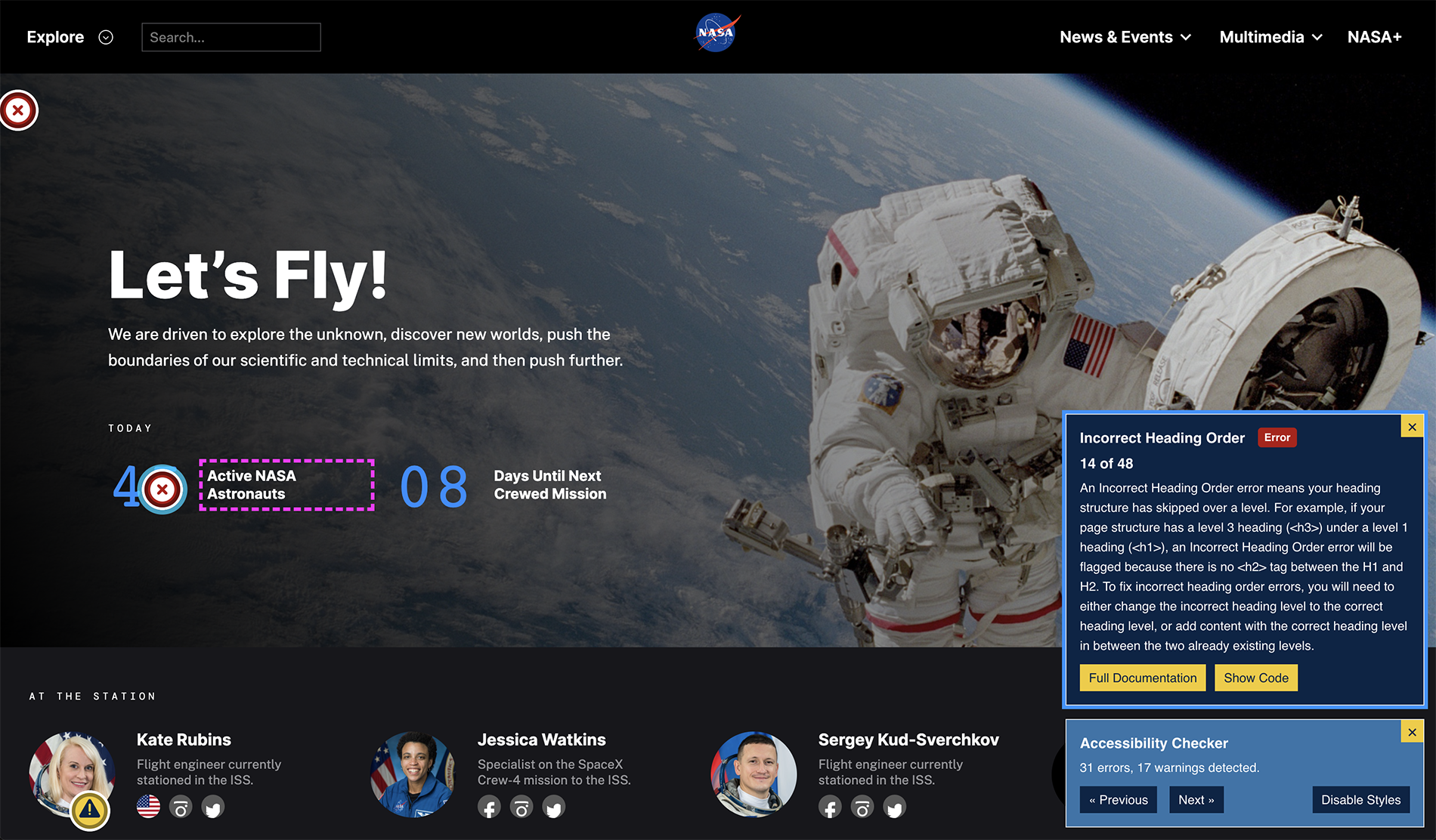 Accessibility problems can be viewed on the front end of the website, as shown on the NASA website.