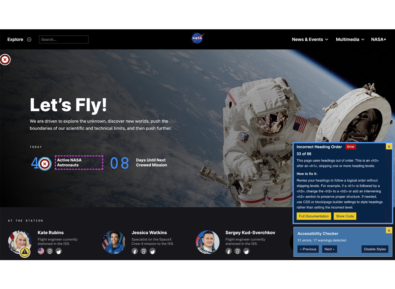 Accessibility problems can be viewed on the front end of the website, as shown on the NASA website, with a dashed pink outline around the element and explanation of the issue and how to fix it.
