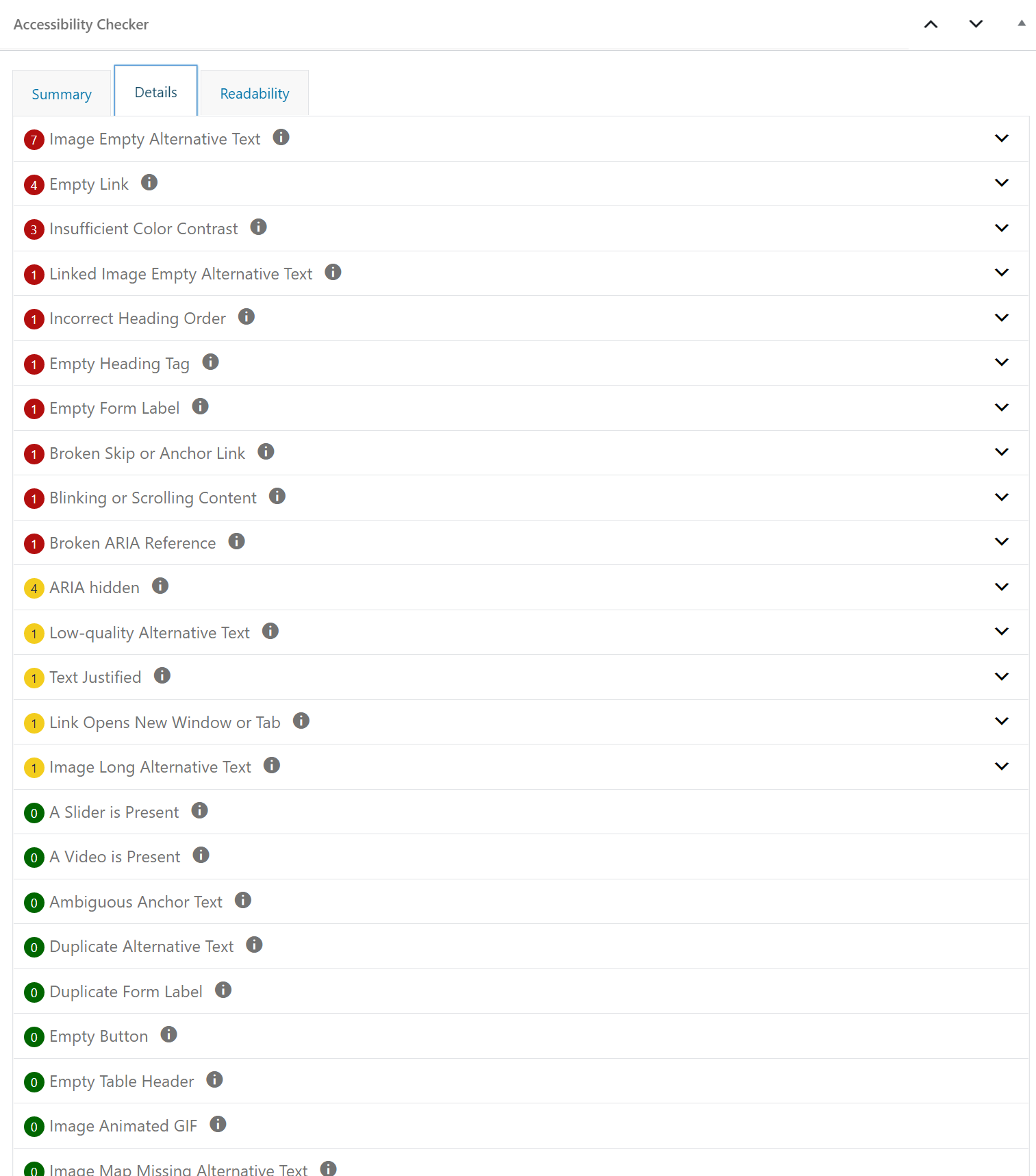 Accessibility Checker Details tab showing errors, warnings, and passed checks.