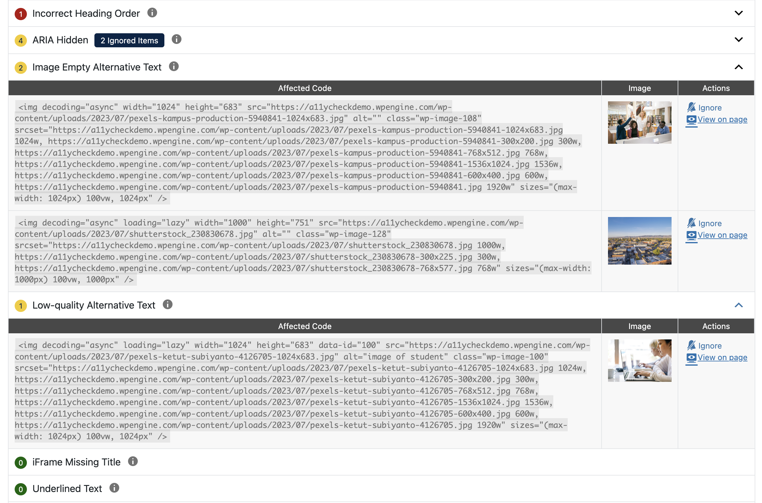 Expanded error example 'Image Empty Alternative Text' showing the code for 7 items that caused the error to be flagged.