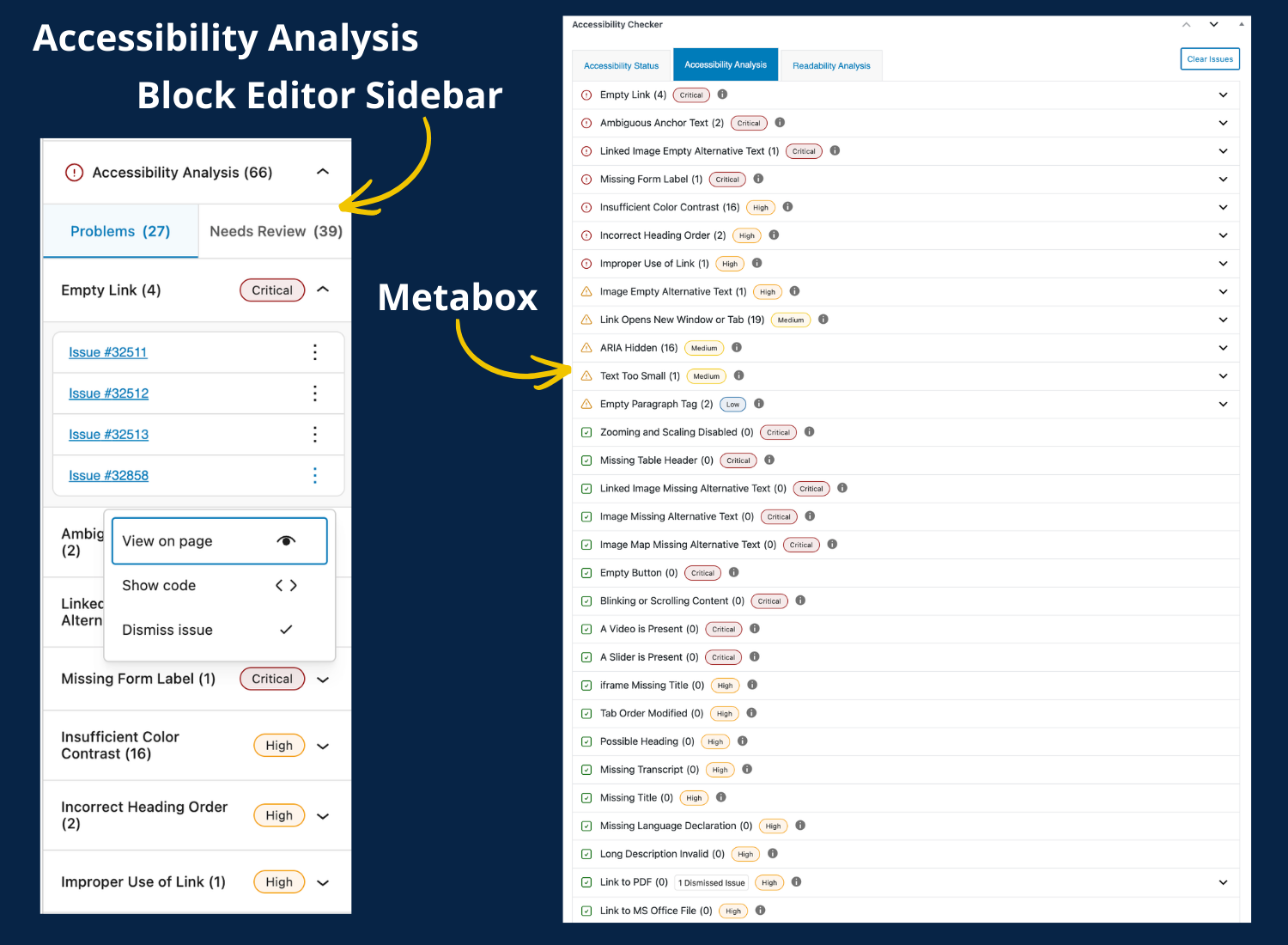 Accessibility Analysis opened in the sidebar and metabox. Actions for issues are 