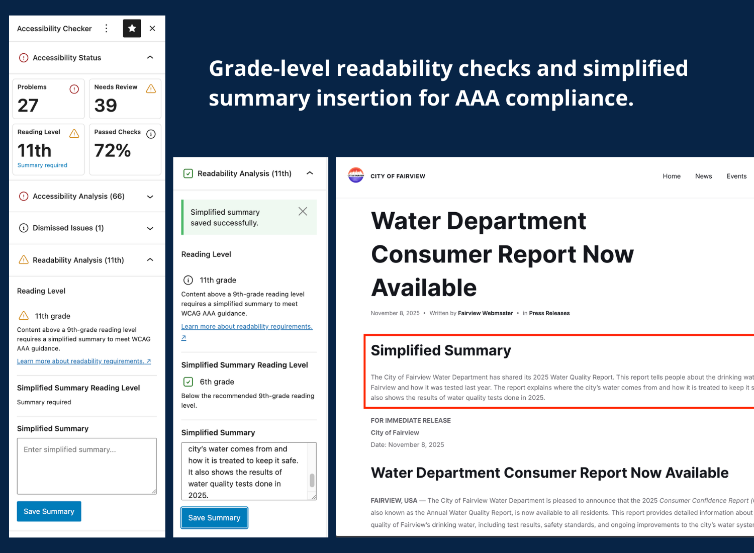 Grade-level readability checks and simplified summary insertion for AAA compliance. Reading level for the post and the simplified summary is reported. Simplified summary shown automatically inserted before the post content.