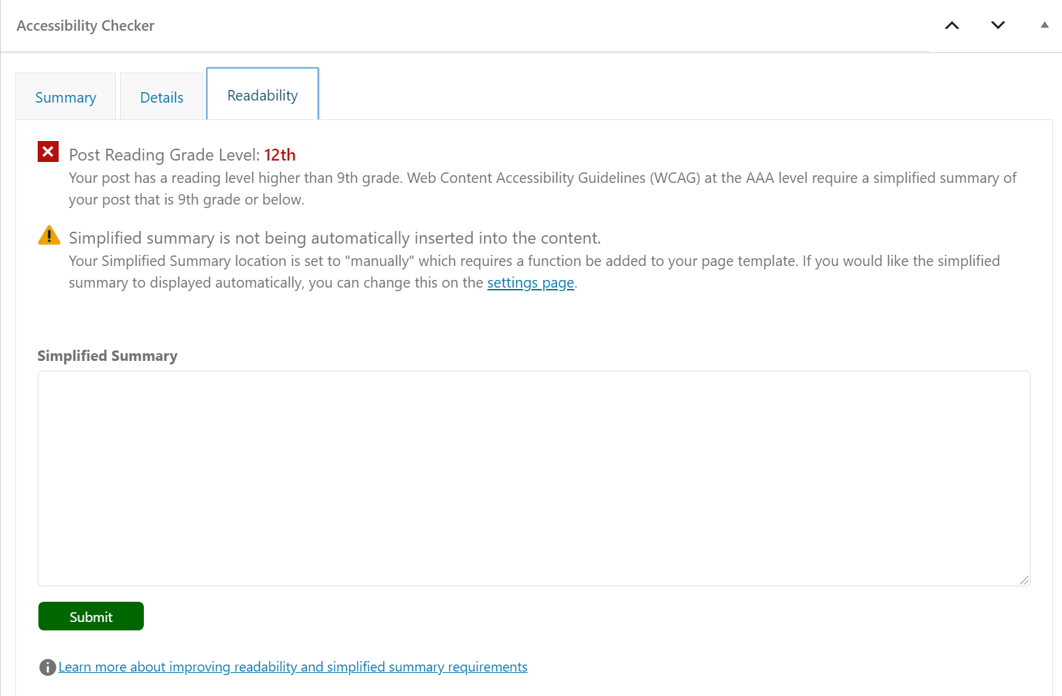 Accessibility Checker Readability Tab checks the grade level of the content and allows for the insertion of a simplified summary to meet WCAG AAA accessibility.