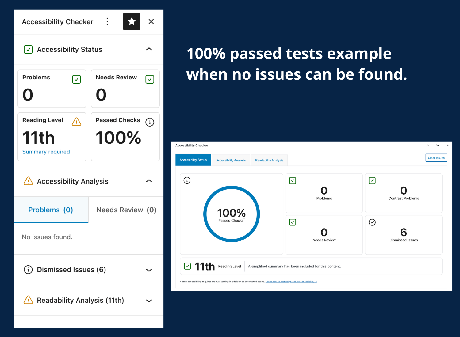 Accessibility Checker 100% passed checks example when no issues can be found or only dismissed issues exist, shown in both the sidebar and metabox.