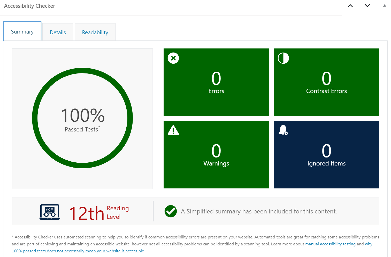 Accessibility Checker Summary tab on a page with no accessibility error or warnings and an included simplified summary.