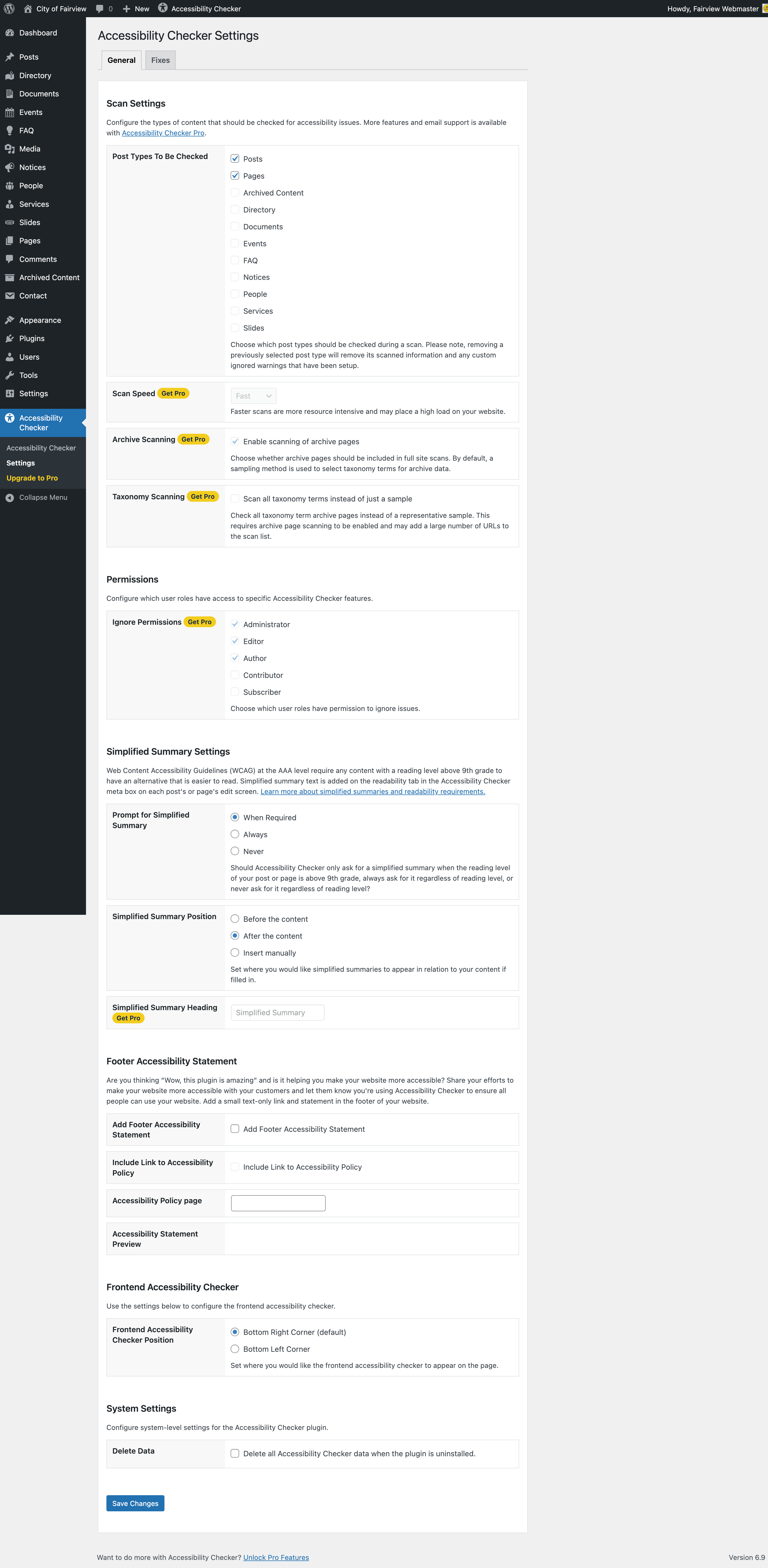 Accessibility Checker general settings: post types to be checked, simplified summary settings, footer accessibility statement settings, and data deletion.