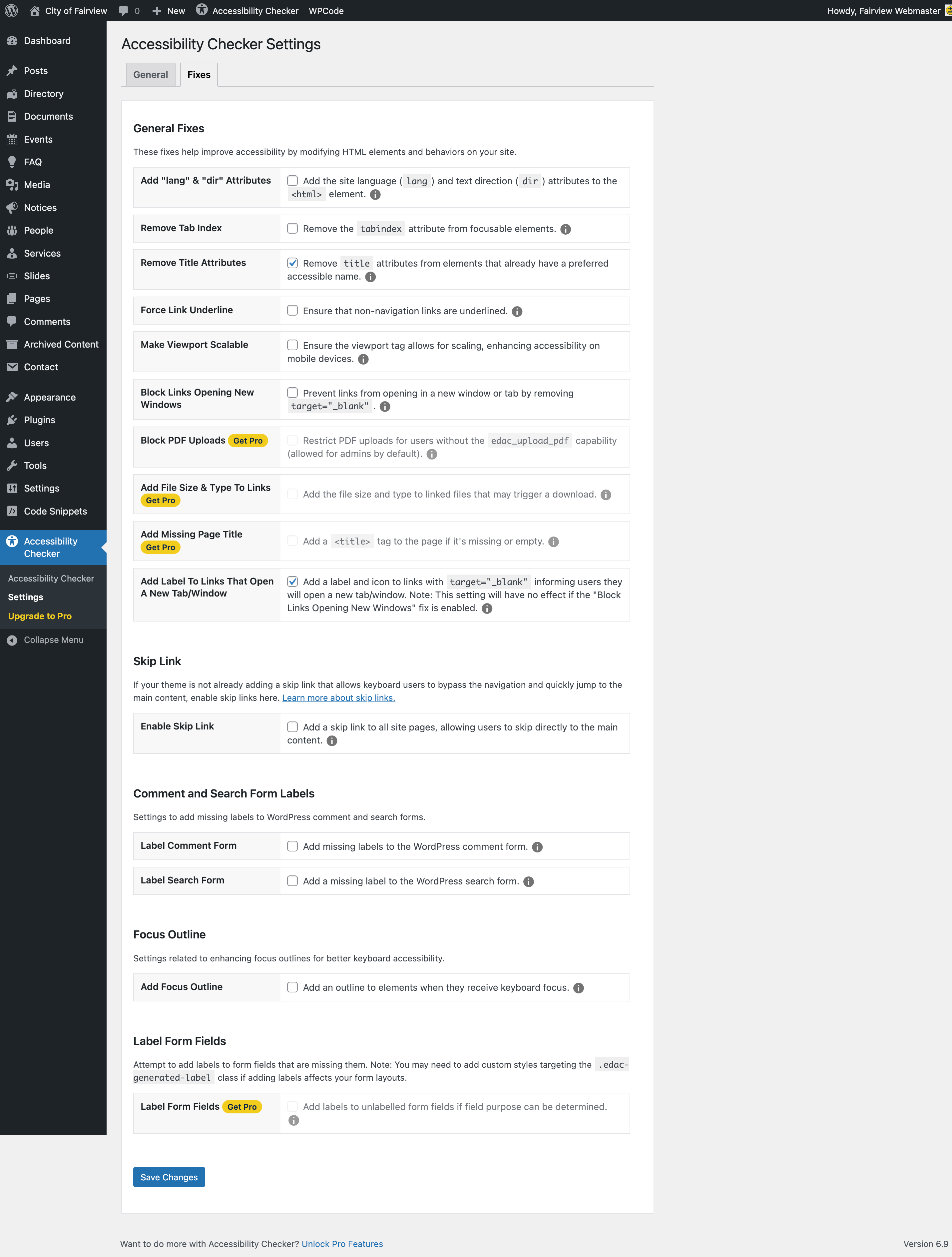 Accessibility Checker fixes settings: 12 automated fixes for common accessibility issues on WordPress websites.