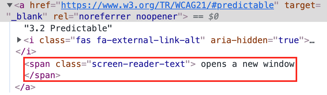 Shows the screen reader text "opens a new window" being added after the link anchor in the link's HTML.