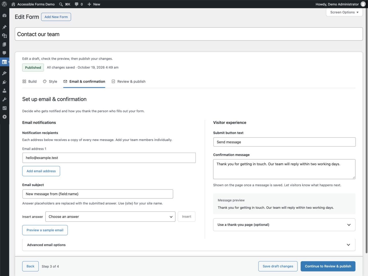 Configure Email & confirmation, insert an answer into the subject and preview a sample notification.