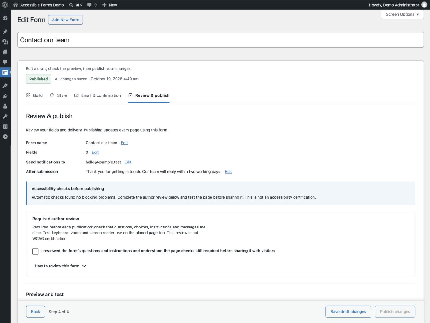 Review the saved configuration, check for blocking problems and complete the required author review before publishing.
