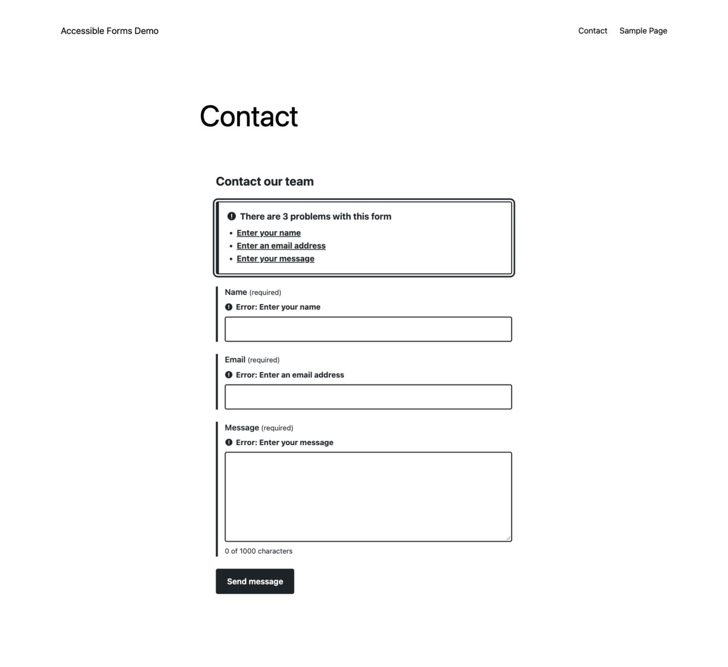 Help visitors correct their answers with a linked error summary and clear field-level messages.
