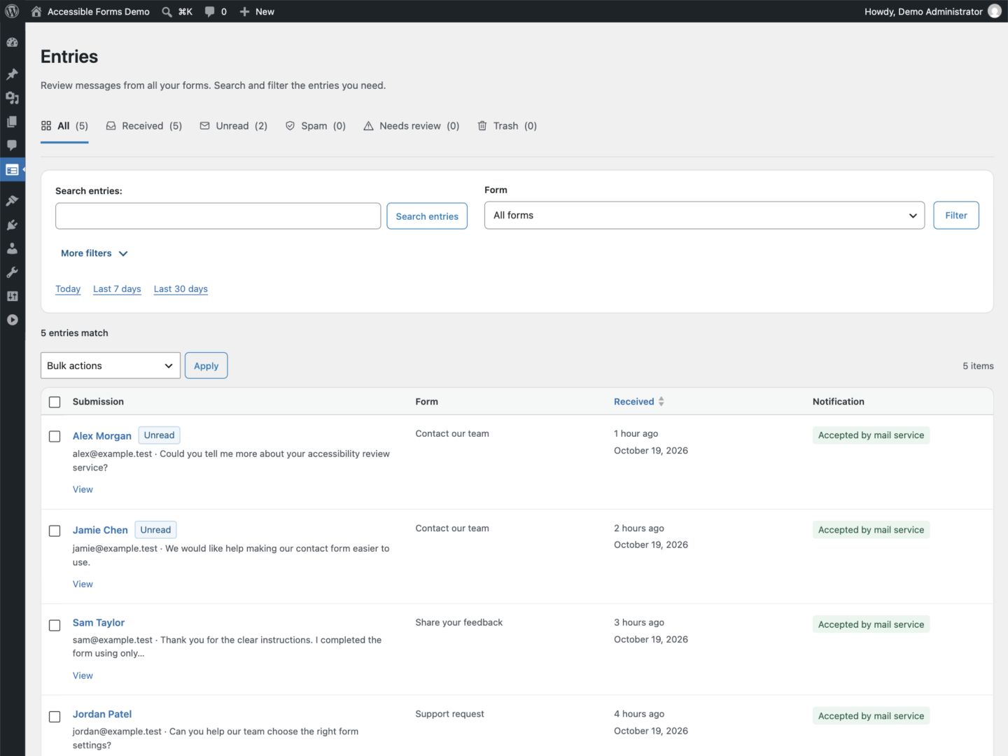 Review Entries using readable status views, search and filters.