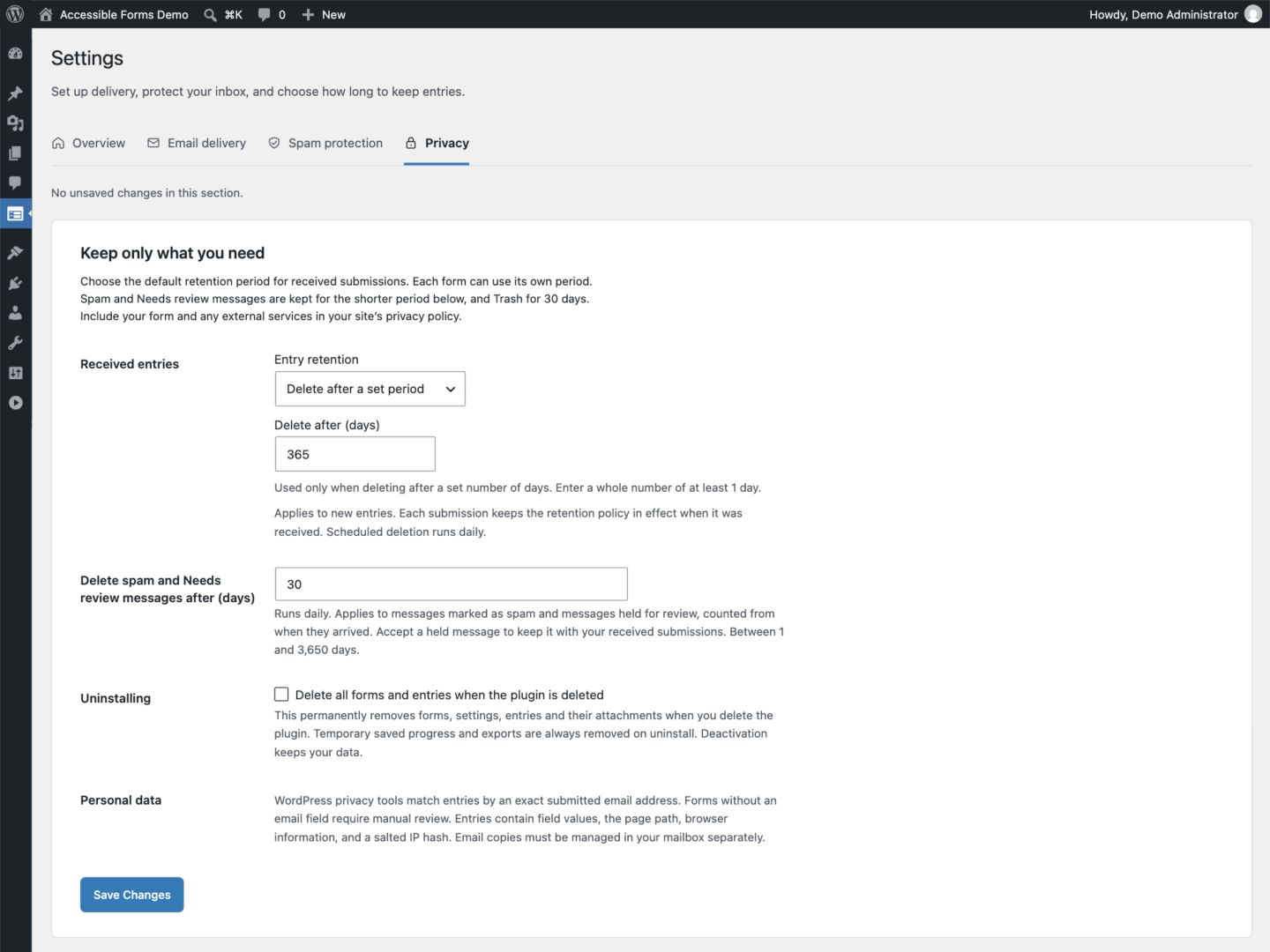 Choose a named retention policy and review data-deletion settings under Privacy.