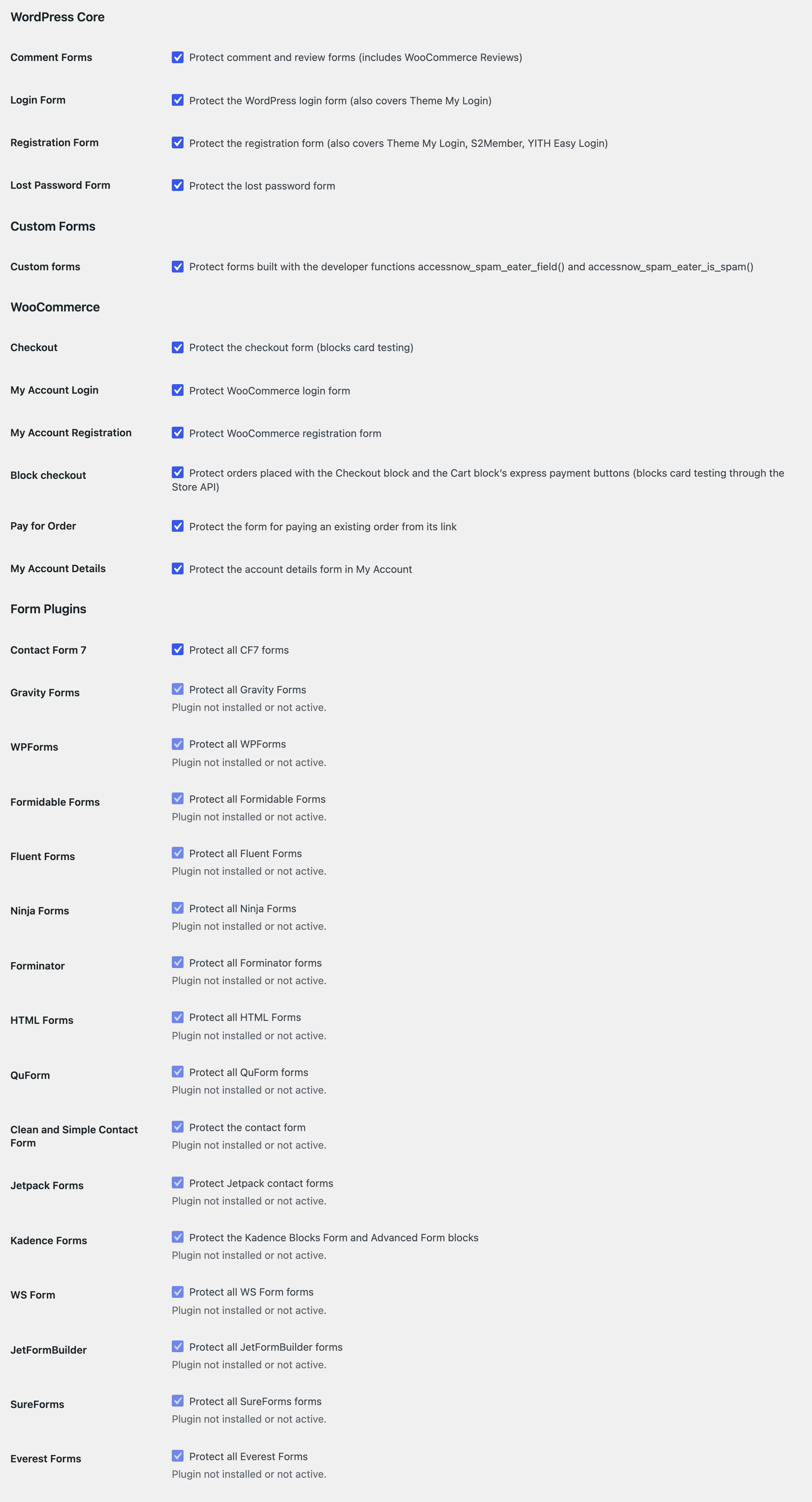 Choose which forms to protect. Forms from plugins that aren't active are listed but can't be ticked.