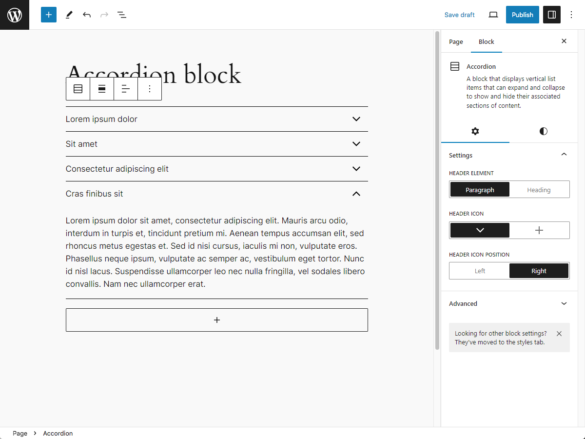 Accordion block settings sidebar. <strong>[Pro]</strong>.