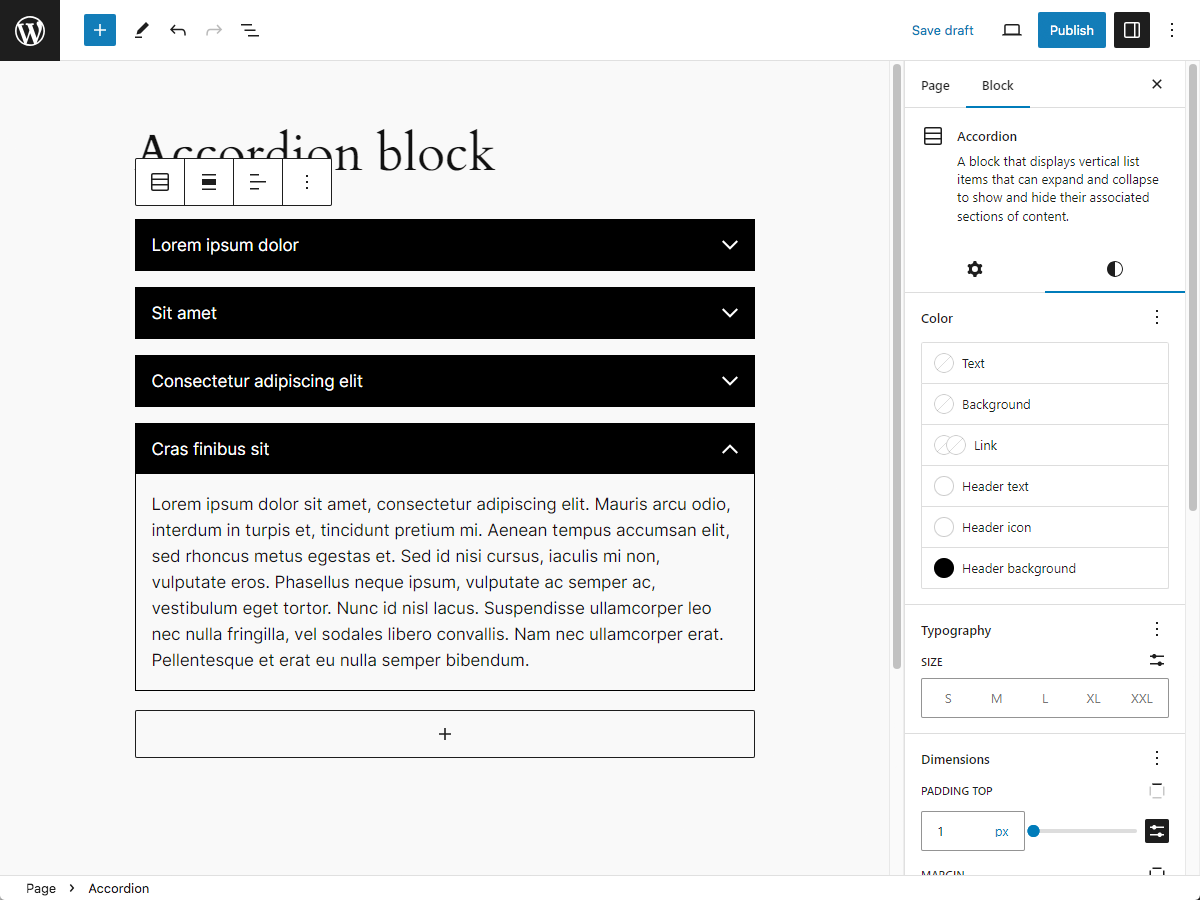 Accordion block settings sidebar <strong>[Pro]</strong>.