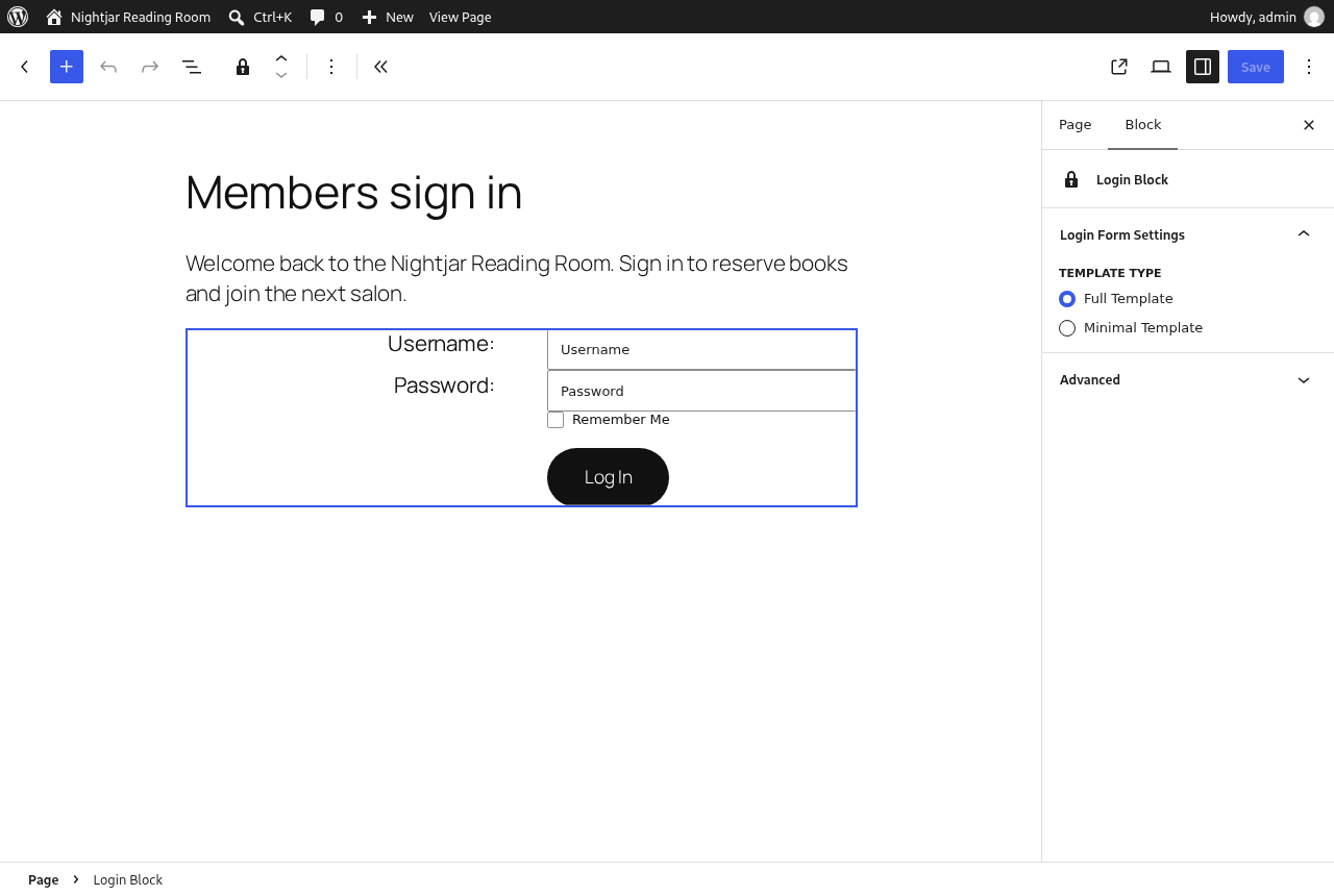The Login block in the block editor, with full and minimal templates.