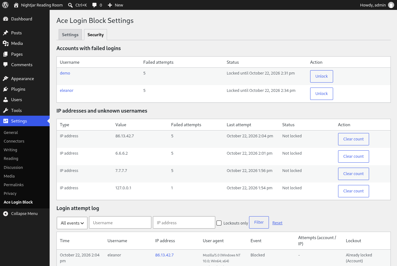 The Security tab: locked accounts, IP addresses and the login attempt log, with one-click unlocking.