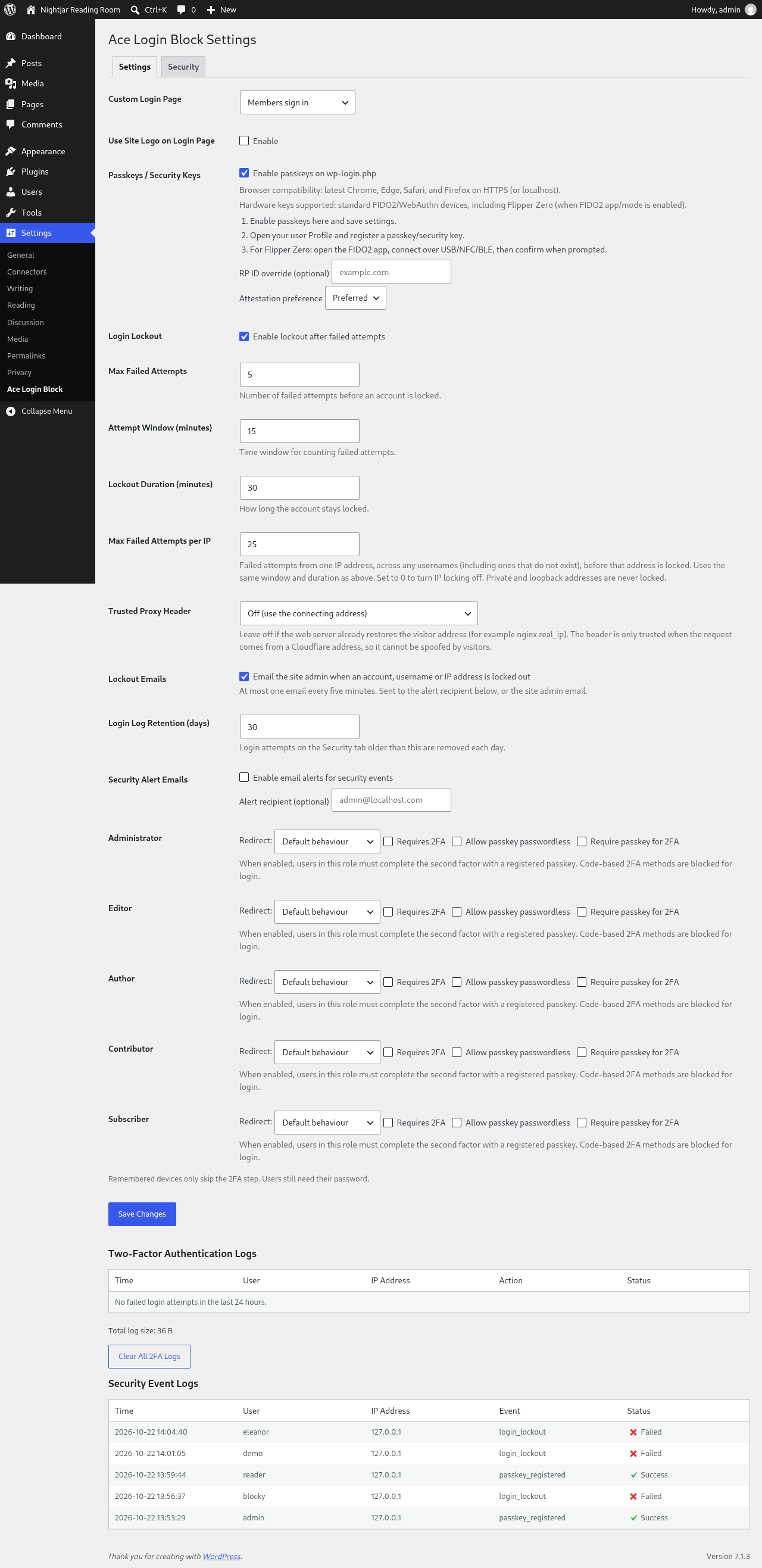 Settings for the login page, passkeys, lockout limits, alerts and per-role two-factor rules.