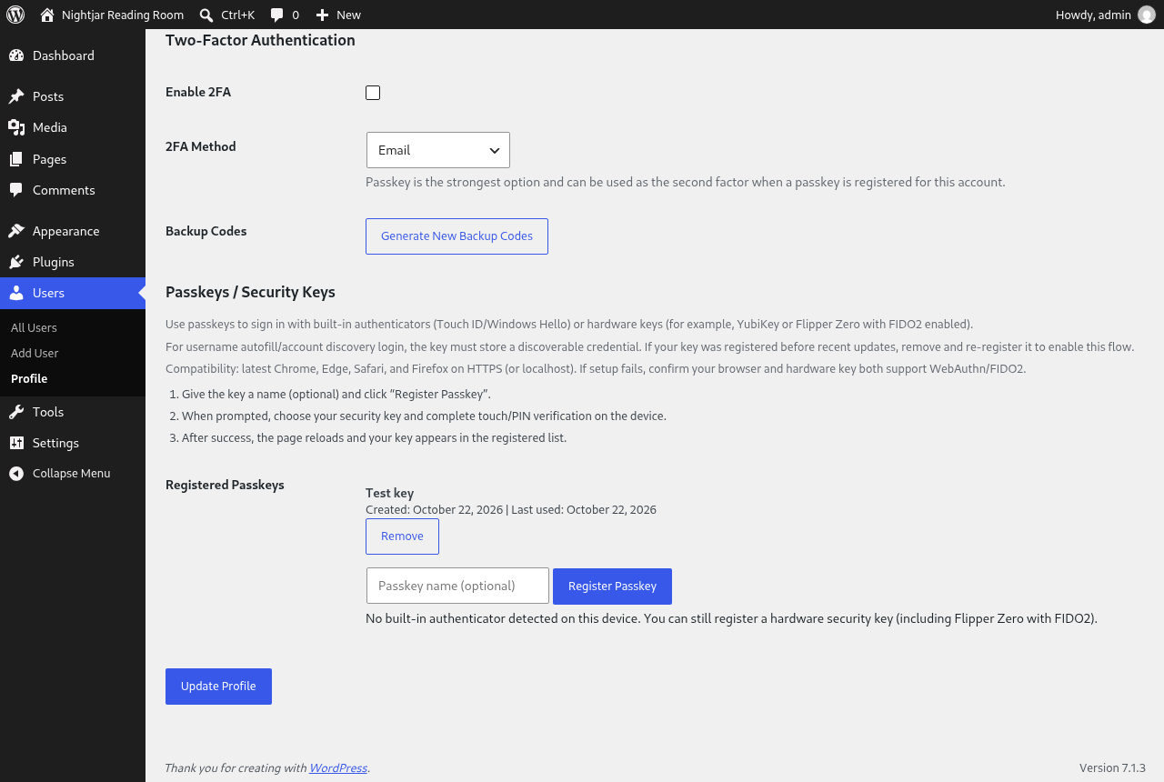Passkeys and two-factor options on a user's profile.