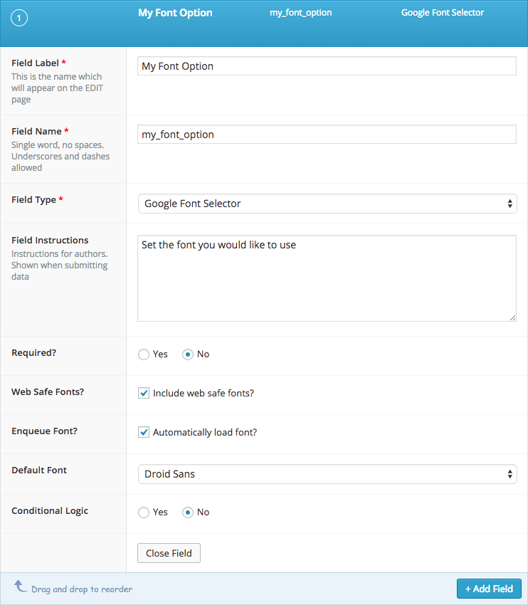 ACF control for field creation