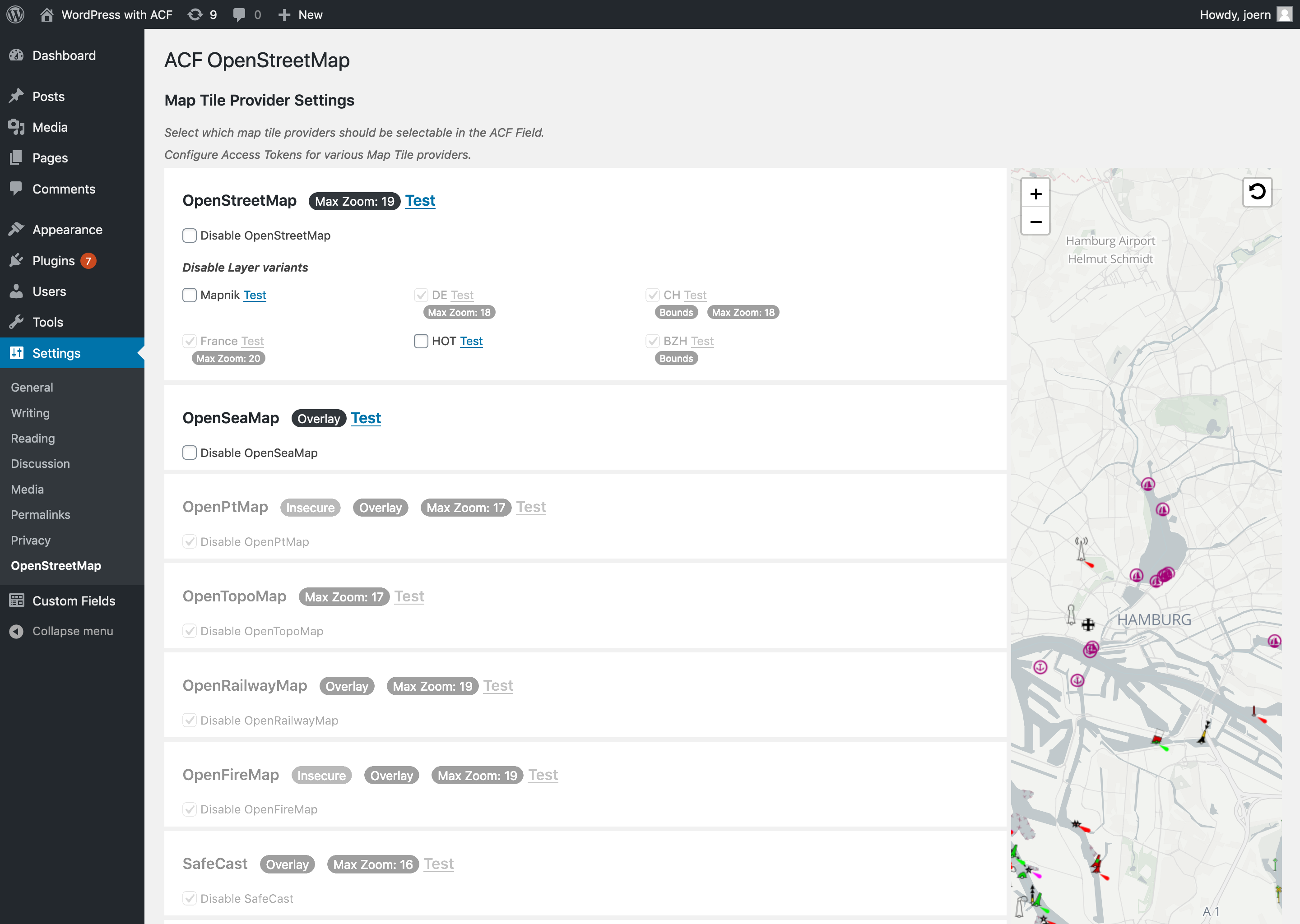 Settings page. Configure API access keys and disable specific tile layers.