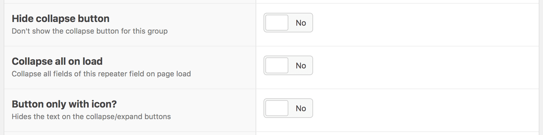 Additional settings for Repeater and Flexible content fields