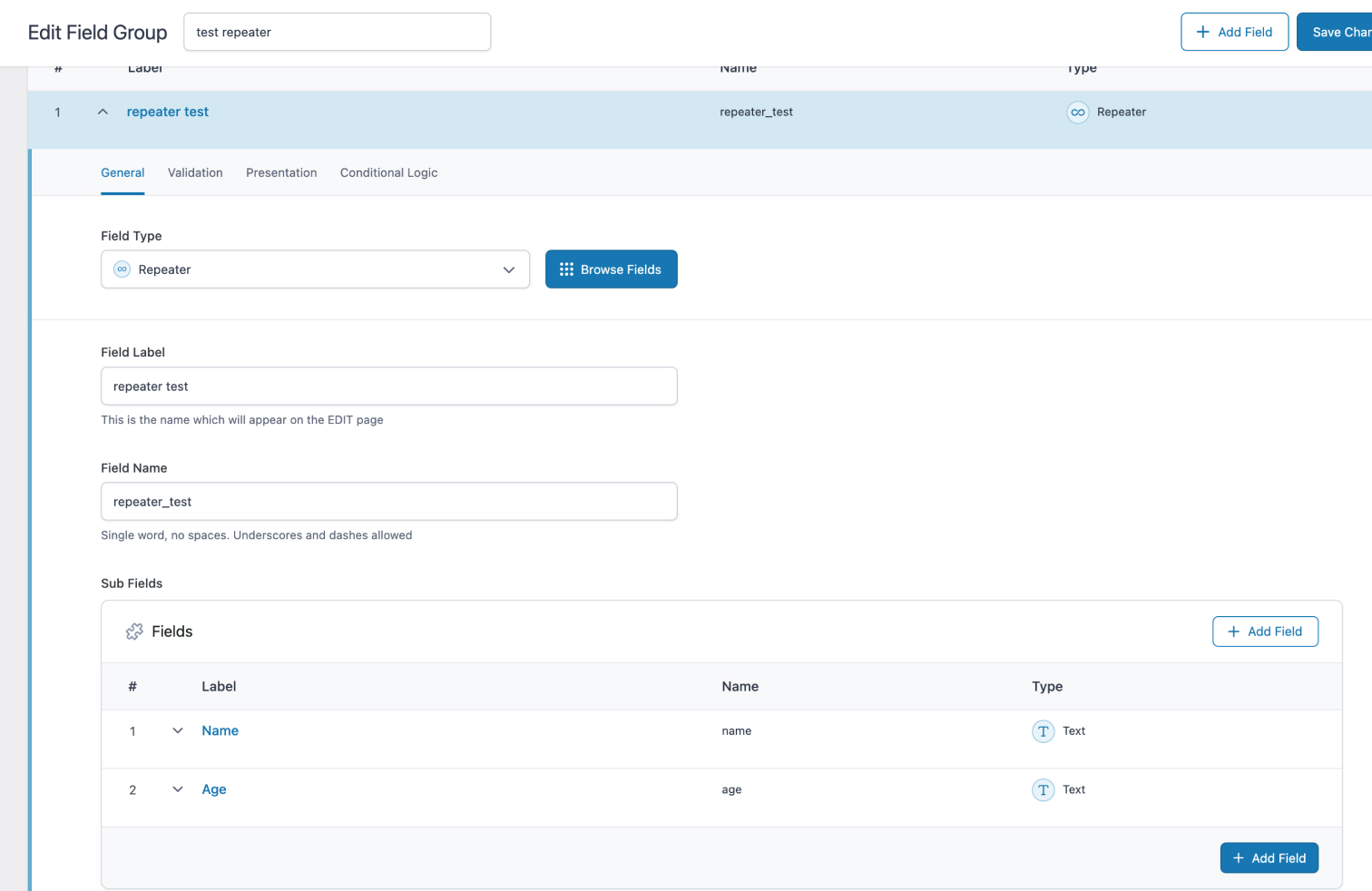 ACF Repeater field setup in WordPress admin