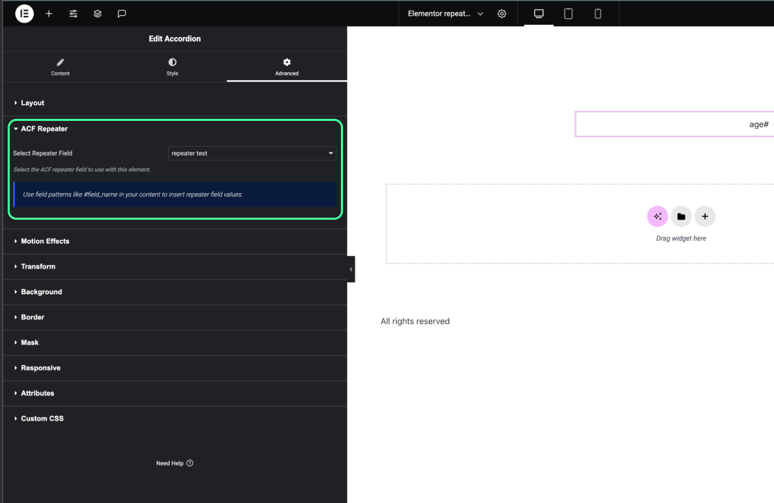 Elementor widget with repeater set
