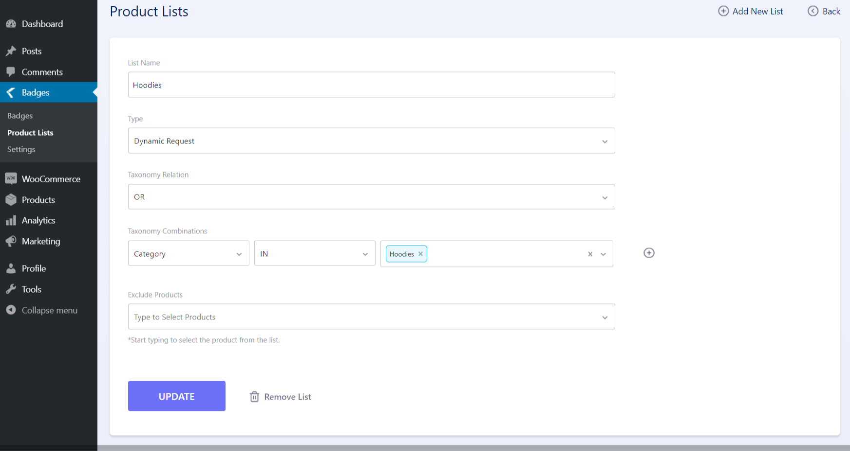 Product List - Dynamic Selection