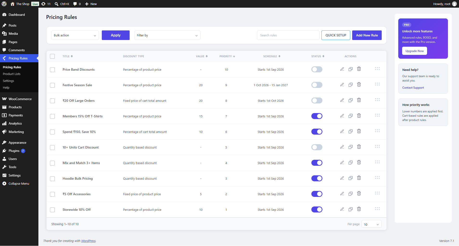 Manage pricing rules from one list, including type, value, priority, schedule, and status.