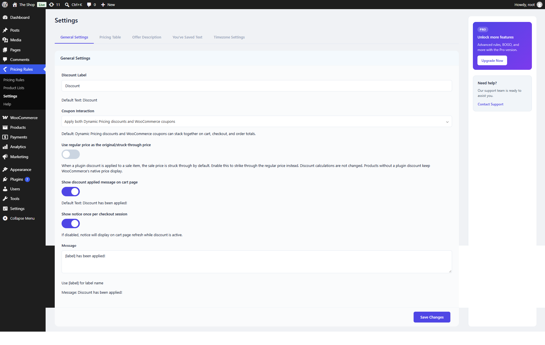 Configure the discount label, coupon interaction, and cart discount notices.