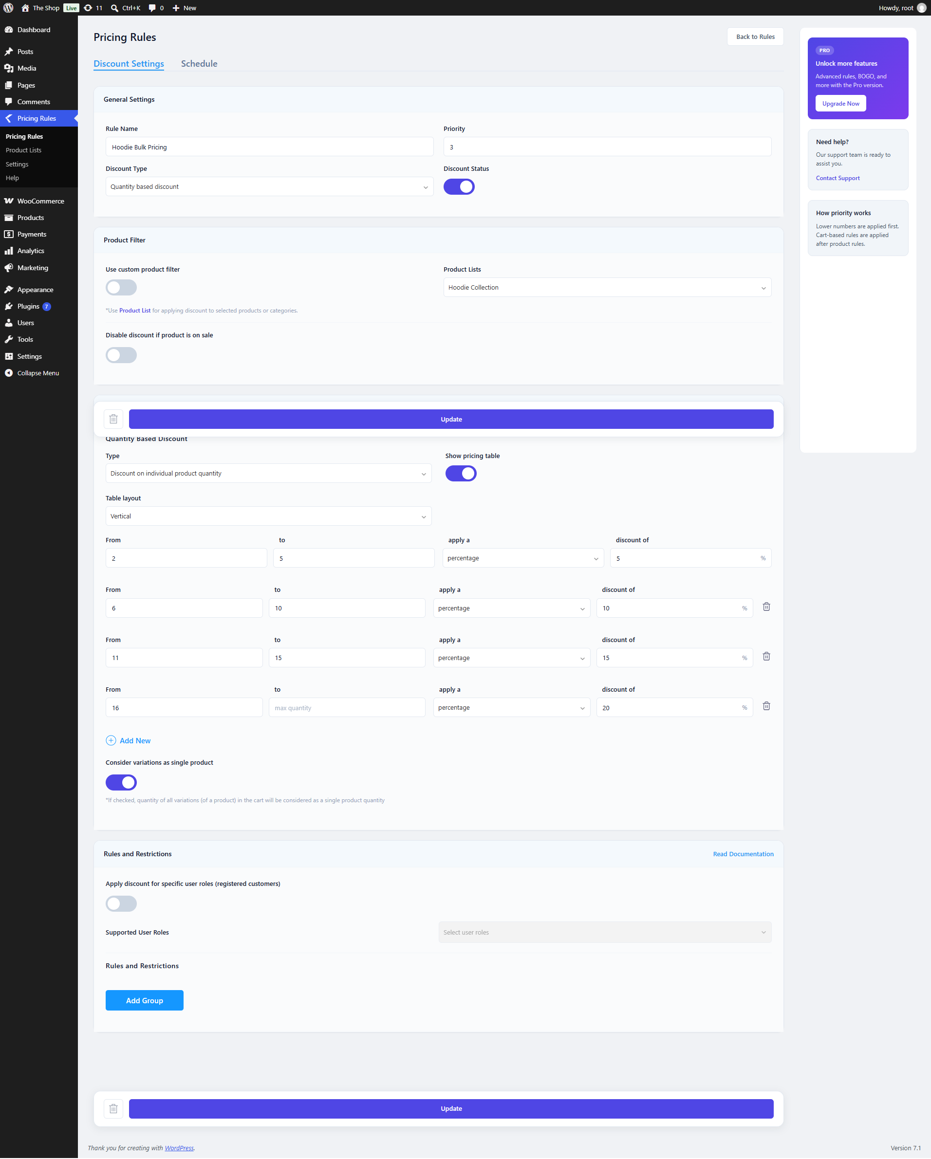 Set quantity-based bulk discounts and display a pricing table on the product page.
