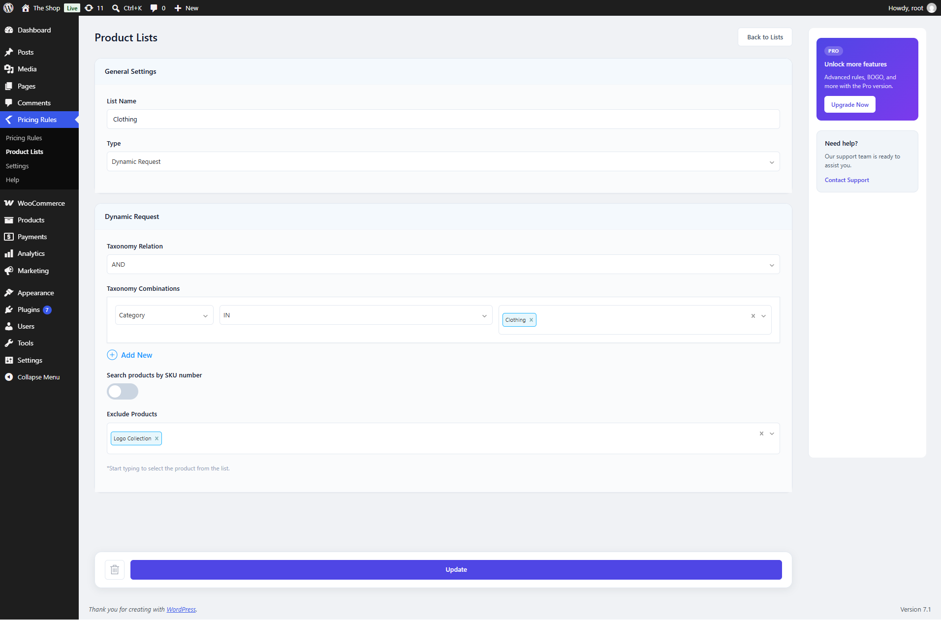 Build a dynamic product list from categories, with optional product exclusions.