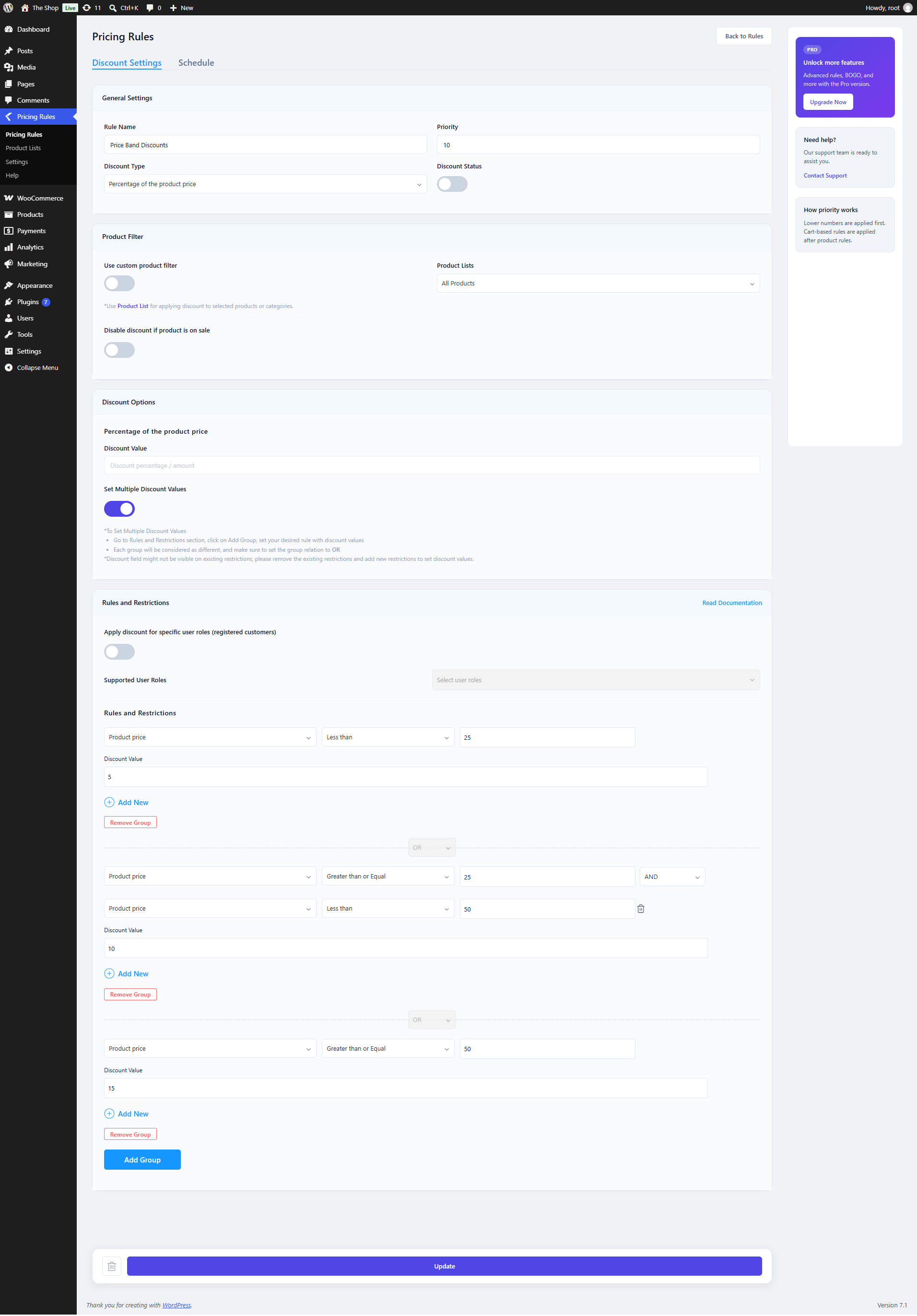 Set different discount values based on product price ranges.