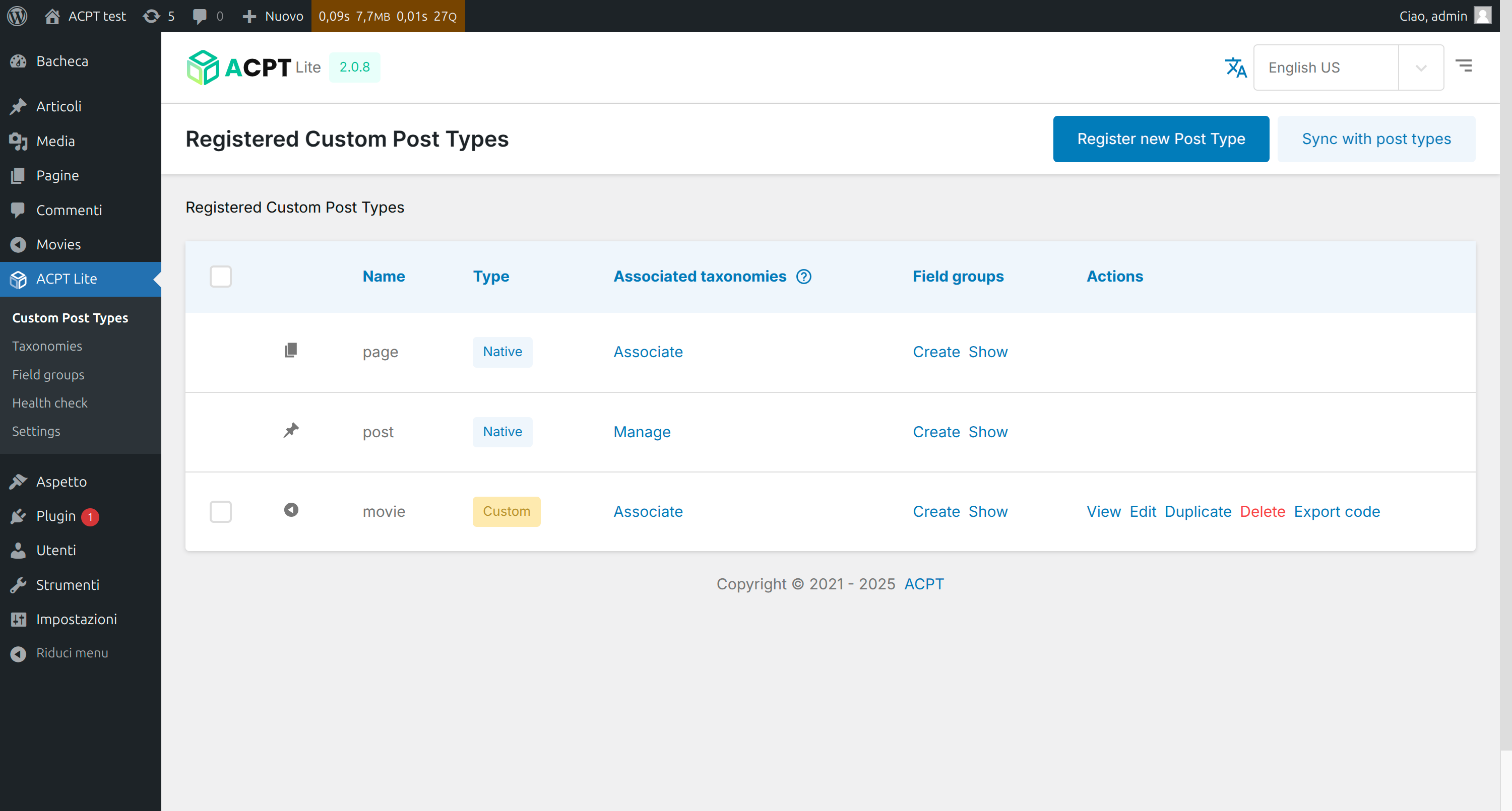 Custom post types list