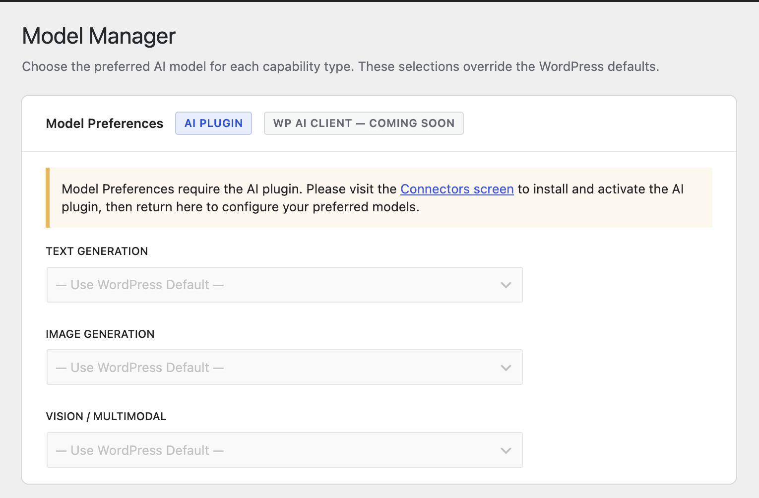 The Model Manager settings page showing dropdowns for each capability type.