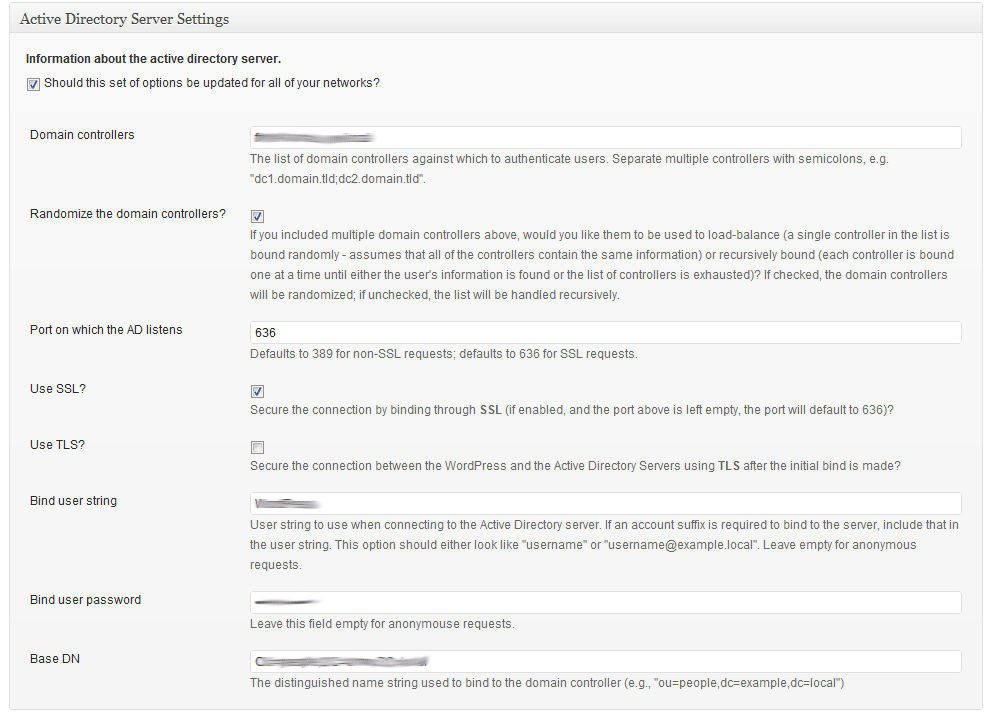 The opening page of the admin settings area for this plugin. This is where you will input information about the AD server against which you're authenticating (shown running on WordPress 3.2-bleeding).