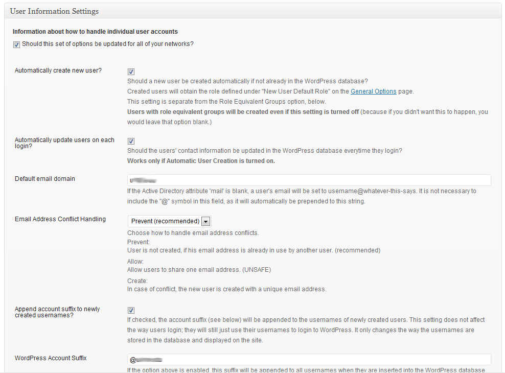 The "User" settings area for this plugin. This is where you will set up the way users are created in WordPress and how user accounts are handled (shown running on WordPress 3.2-bleeding).