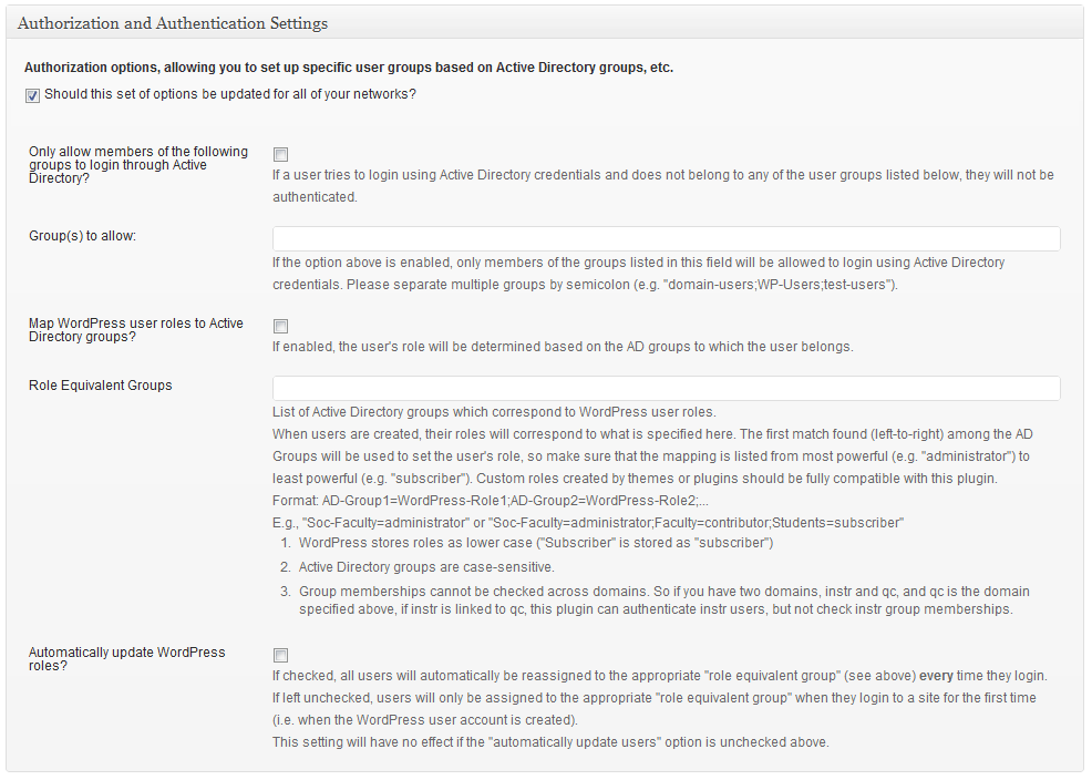 The "Authorization" settings area for this plugin. This is where you will indicate whether or not users from specific AD groups should be the only ones able to login with AD credentials; as well as indicating which AD groups should match up with which WordPress user roles (shown running on WordPress 3.2-bleeding).