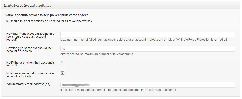 The "Security" settings area for the plugin, where you indicate how many failed login attempts should cause the user account to be locked out, and for how long (shown running on WordPress 3.2-bleeding).