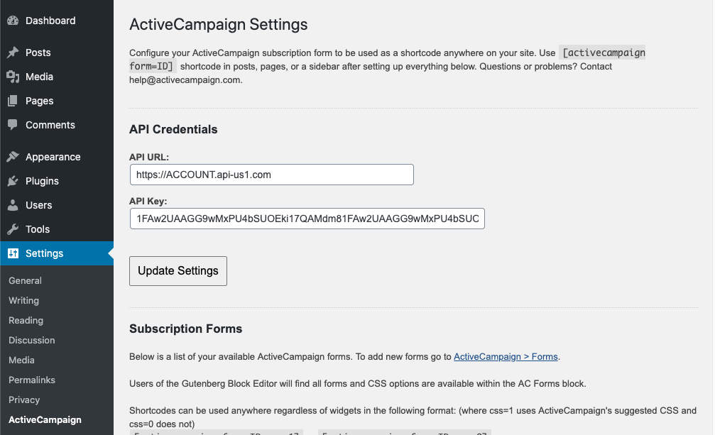 Settings page for ActiveCampaign plugin